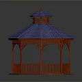 Red Wooden Hexagonal Gazebo With Blue Roof And Decorative Railings