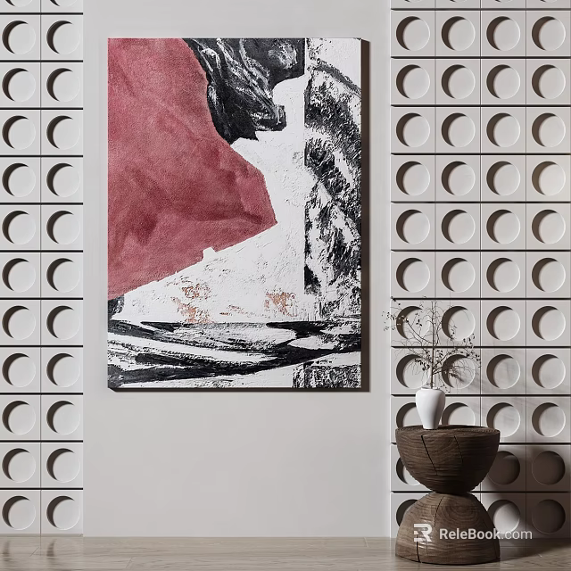 Abstract Artwork On Circular Pattern Wall With Decorative Vase And Basket 3d model