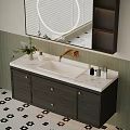 Modern Bathroom Vanity With Marble Countertop Round Backlit Mirror And Green Tiled Walls