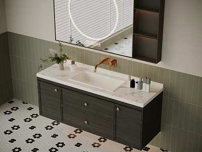Modern Bathroom Vanity With Marble Countertop Round Backlit Mirror And Green Tiled Walls 3d model