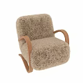 Cozy Fluffy Beige Armchair With Curved Wooden Arms And Legs Design