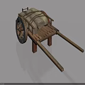 Vintage Wooden Cart With Spoked Wheels And Bundled Cloth Load On Frame