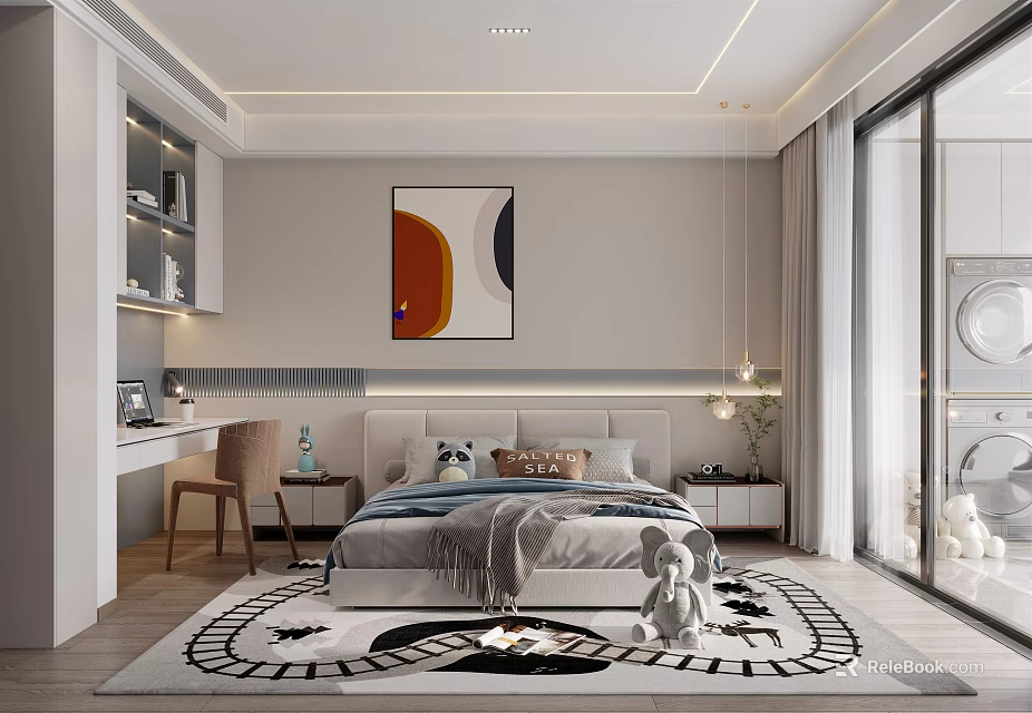 Modern Kids Room Interior Design With Bed Desk Chair Abstract Wall Art And Patterned Rug 3d model 