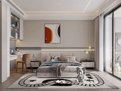 Modern Kids Room Interior Design With Bed Desk Chair Abstract Wall Art And Patterned Rug 3d model