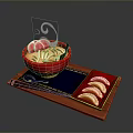 Dragon Patterned Red Bowl With Steaming Noodles And Dumplings On Tray