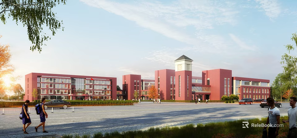 Red Brick School Building With Central Tower Open Plaza Greenery And Blue Sky Background 3d model 
