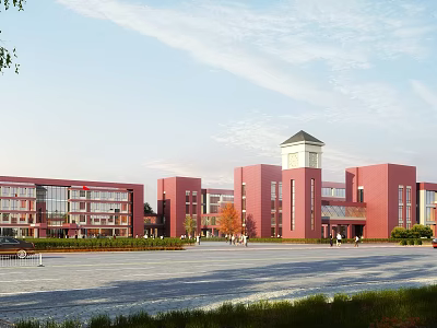 Red Brick School Building With Central Tower Open Plaza Greenery And Blue Sky Background 3d model