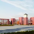Red Brick School Building With Central Tower Open Plaza Greenery And Blue Sky Background