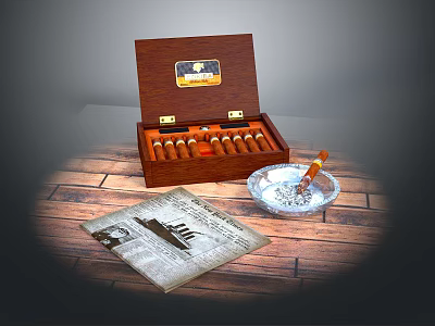 Open Wooden Cigar Box With Cigars Ashtray Lit Cigar And Newspaper On Wooden Tabletop 3d model