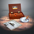 Open Wooden Cigar Box With Cigars Ashtray Lit Cigar And Newspaper On Wooden Tabletop