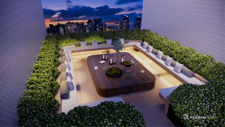 Rooftop Garden with Cityscape View Outdoor Seating Greenery and Ambient Lighting 3d model 