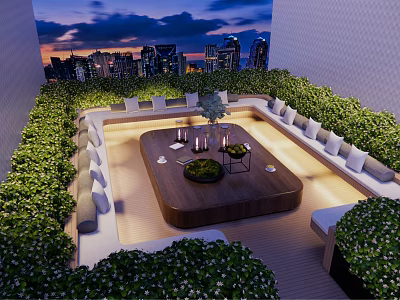 Rooftop Garden with Cityscape View Outdoor Seating Greenery and Ambient Lighting 3d model