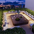 Rooftop Garden with Cityscape View Outdoor Seating Greenery and Ambient Lighting