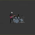 Two Futuristic Suited Characters Playing Red Electric Guitar And Blue Drum Set Against Gray Background