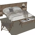 Cozy Double Bed with Wooden Headboard Pillows Blanket Bedside Tables Lamp Rug Chair Coffee Table