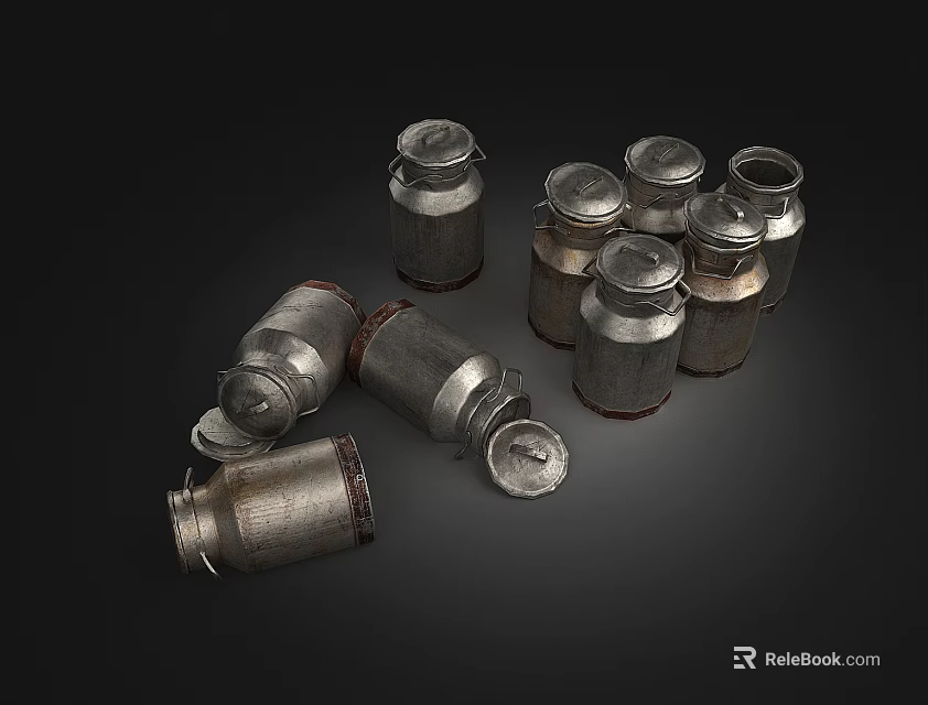 Vintage Metal Cans With Rustic Design And Open Lids On Dark Background 3d model 