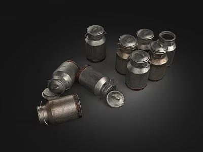 Vintage Metal Cans With Rustic Design And Open Lids On Dark Background 3d model