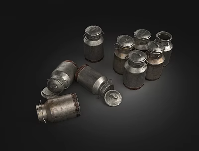 Vintage Metal Cans With Rustic Design And Open Lids On Dark Background 3d model