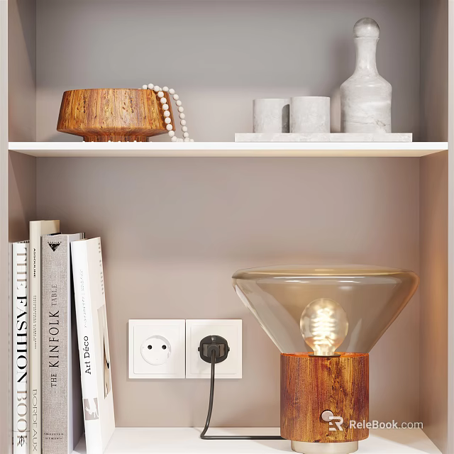 Table Lamp With Wooden Base Transparent Lampshade And Lit Bulb On Bookshelf With Books Decorations 3d model 