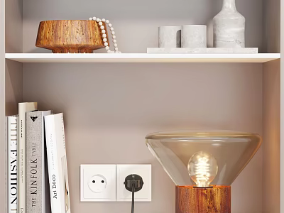 Table Lamp With Wooden Base Transparent Lampshade And Lit Bulb On Bookshelf With Books Decorations 3d model
