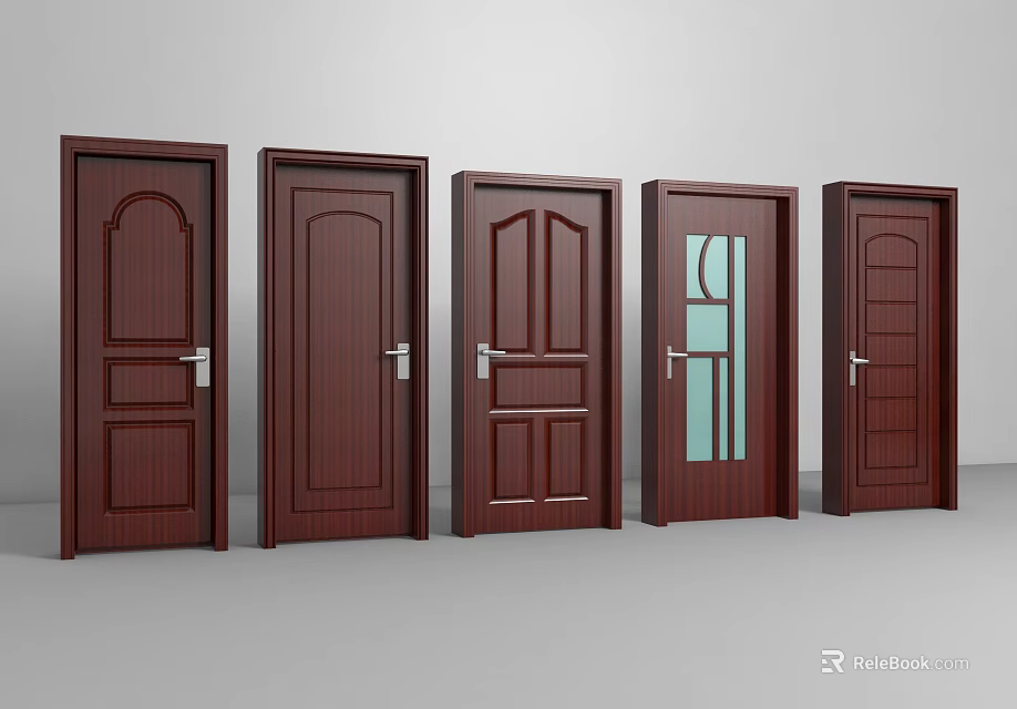 Five Brown Hinged Doors With Various Designs For Home Interior 3d model 