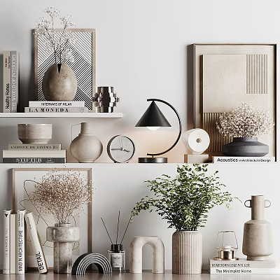 Ceramic Vessels Displayed in Home Decor with Bookshelves Plants Lamps and Decorative Paintings 3d model