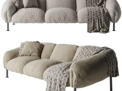 Plush Light Beige Three Seater Sofa With Geometric Throw Blanket And Black Metal Legs 3d model