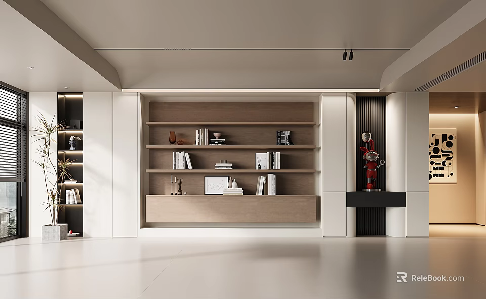 Modern Bookcase Interior Design With Open Wooden Shelves And Decorations In Bright Study 3d model 