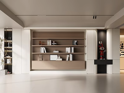 Modern Bookcase Interior Design With Open Wooden Shelves And Decorations In Bright Study 3d model