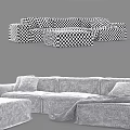 Modern L Shaped Beige Linen Sofa Set With Decorative Cushions And Ottoman