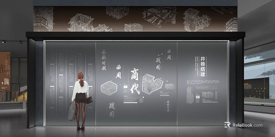 Woman Standing in Front of Commercial Cultural Wall with Shang Zhou Characters and Patterns 3d model 