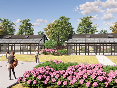 Scenic Park Landscape Featuring Glass Greenhouses Pink Hydrangeas People Trees And Blue Sky 3d model