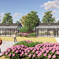 Scenic Park Landscape Featuring Glass Greenhouses Pink Hydrangeas People Trees And Blue Sky