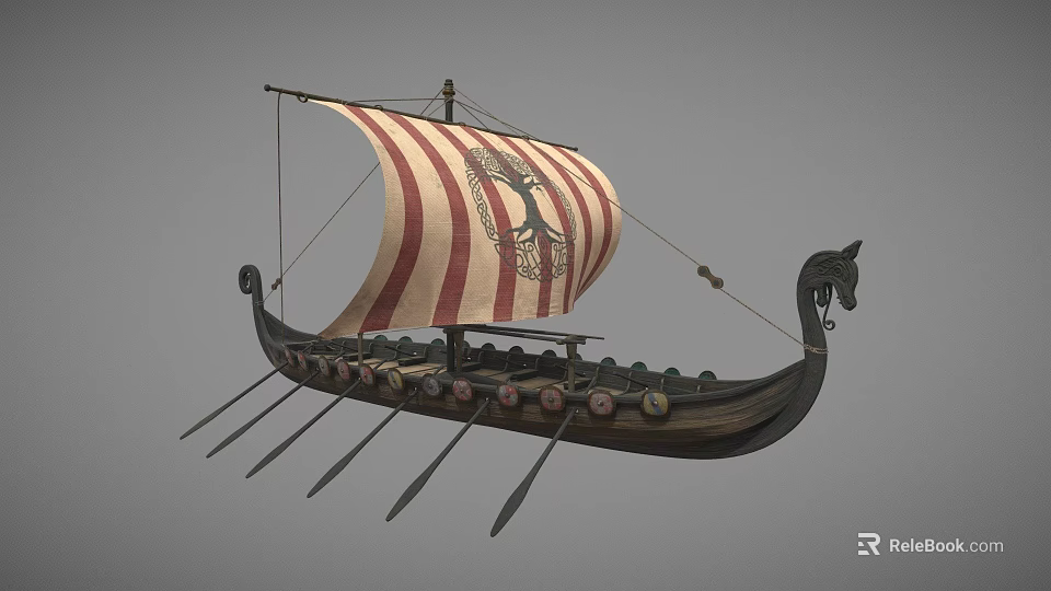 Ancient Viking Wooden Ship With Red White Striped Sail Carved Figureheads And Oars 3d model 