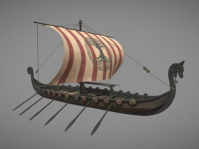 Ancient Viking Wooden Ship With Red White Striped Sail Carved Figureheads And Oars 3d model