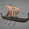 Ancient Viking Wooden Ship With Red White Striped Sail Carved Figureheads And Oars