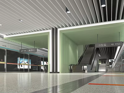Modern Station Interior Design With Escalators Green Walls Ceiling Light Strips And Platform Signs 3d model