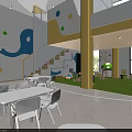 Kindergarten Interior Featuring Colorful Decorations Elephant Design White Tables Chairs Yellow Columns and Green Turf