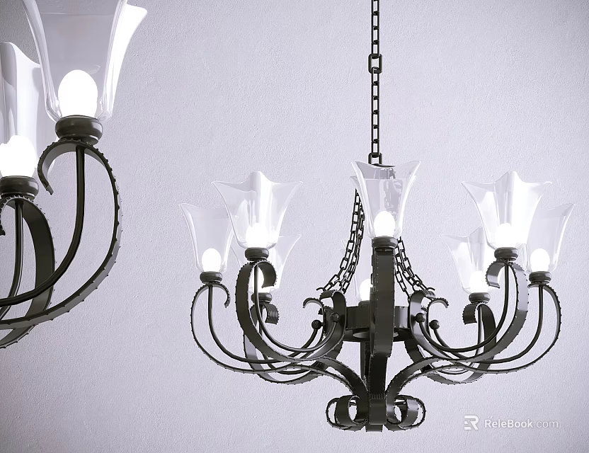 Vintage Black Metal Chandelier With Glass Shades And Hanging Chain On White Wall 3d model 