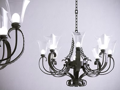 Vintage Black Metal Chandelier With Glass Shades And Hanging Chain On White Wall 3d model