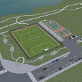 Outdoor Sports Facility With Football Field Tennis Courts Parking Lot And Green Area Near Water