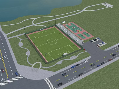 Outdoor Sports Facility With Football Field Tennis Courts Parking Lot And Green Area Near Water 3d model