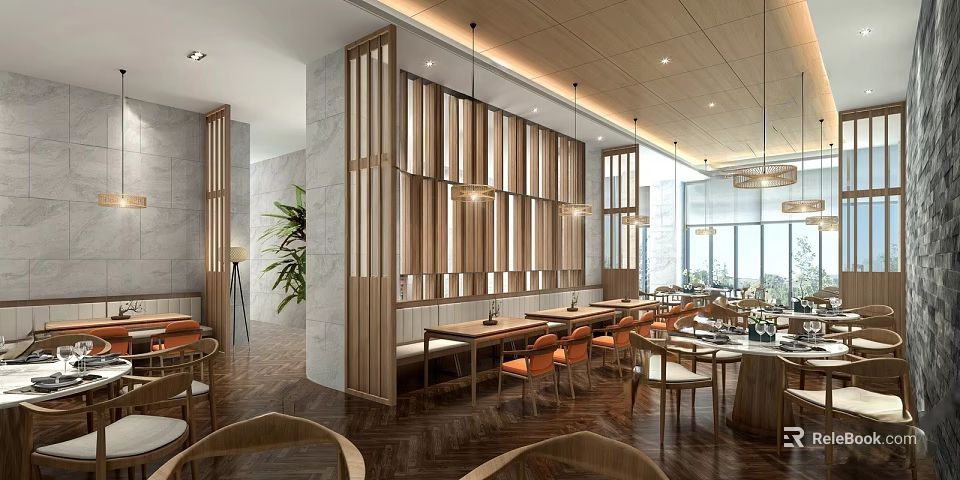 Modern Restaurant Interior Design With Wooden Partitions Marble Walls And Orange Seats 3d model 