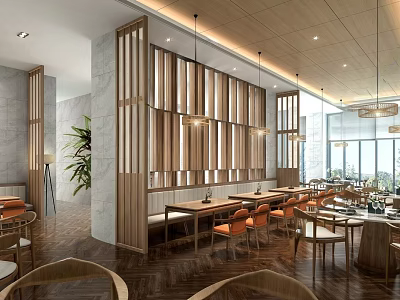 Modern Restaurant Interior Design With Wooden Partitions Marble Walls And Orange Seats 3d model