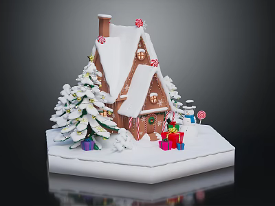 Gingerbread House With Snow Covered Roof Chimney Decorated Windows Candy Decorations Christmas Trees And Gifts 3d model