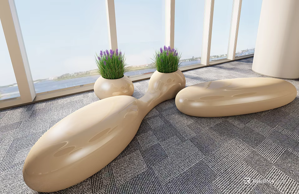Modern Beige Public Chair With Potted Plants And Window View On Gray Carpet 3d model 