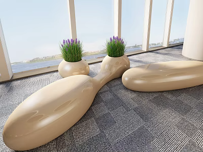 Modern Beige Public Chair With Potted Plants And Window View On Gray Carpet 3d model