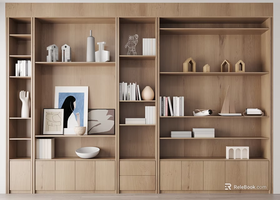 Modern Wooden Bookcase with Books Decorations Vases Small Sculptures and Photo Frames 3d model 