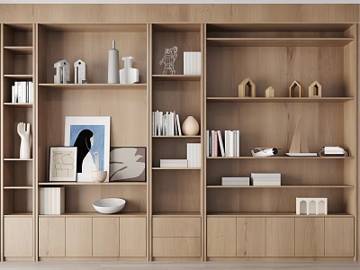 Modern Wooden Bookcase with Books Decorations Vases Small Sculptures and Photo Frames 3d model