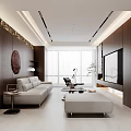 Modern Living and Dining Room Interior With Dark Wood Walls White Chairs And Gray Sofa